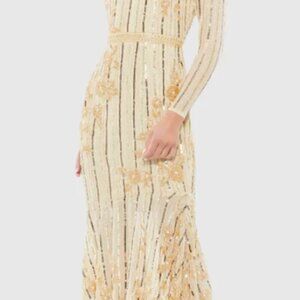 Mac Duggal Cream and Gold Long Sleeve Evening Gown